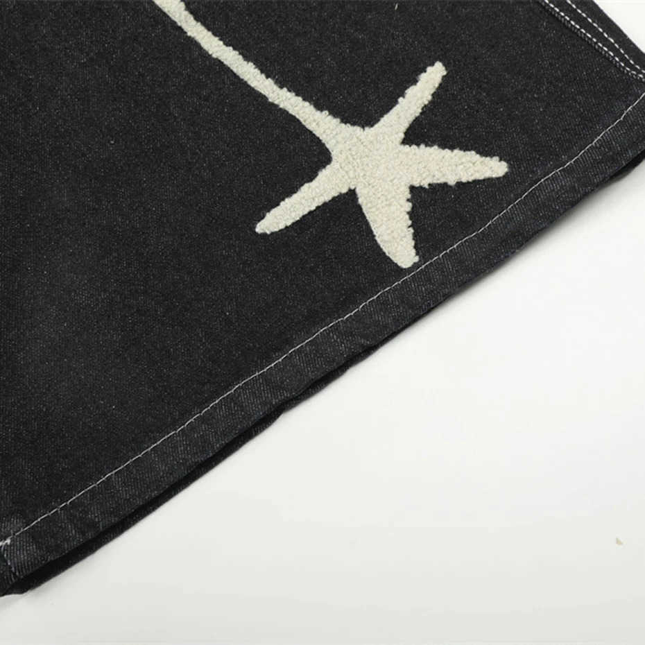 Star Embroidery Denim Shorts Mens Black Loose Wide Leg Jeans Shorts Streetwear Harajuku Hip Hop Shorts H260330