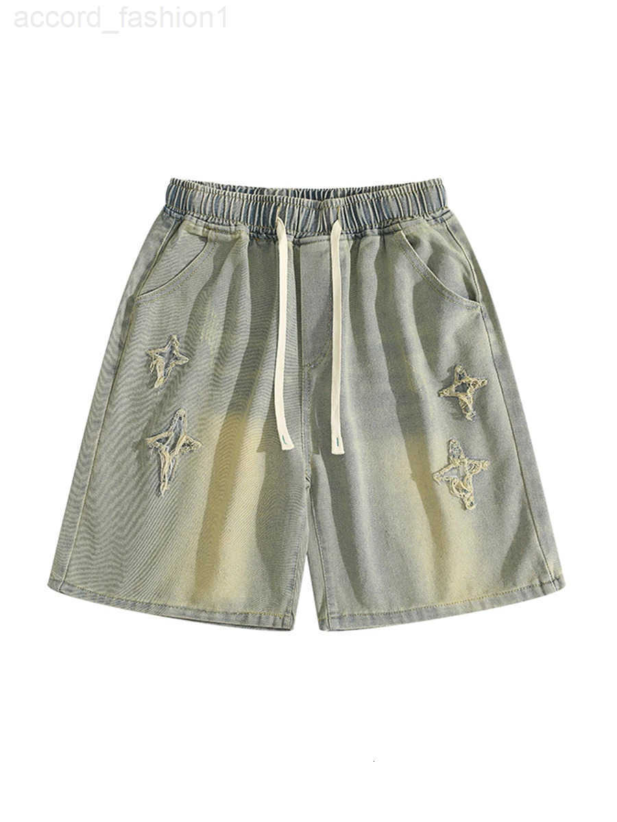 Mens Summer Patchwork Denim Shorts Trendy Brand High Street Drawstring Elastic Waist Casual Loose Versatile Five-quarter Pants H260330