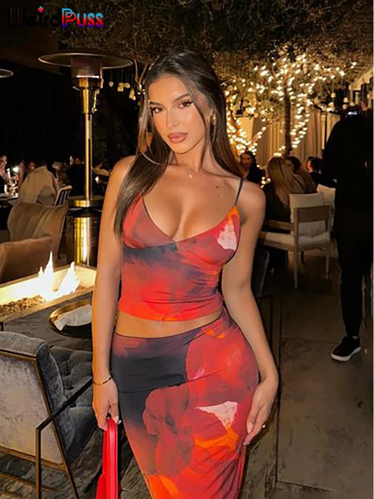 Weird Puss Tie-Dye Print 2 Piece Set Women Summer Y2K Fashion Hipster Elegant V-Neck CamisoleMaxi Skirts Matching Streetwear 260330