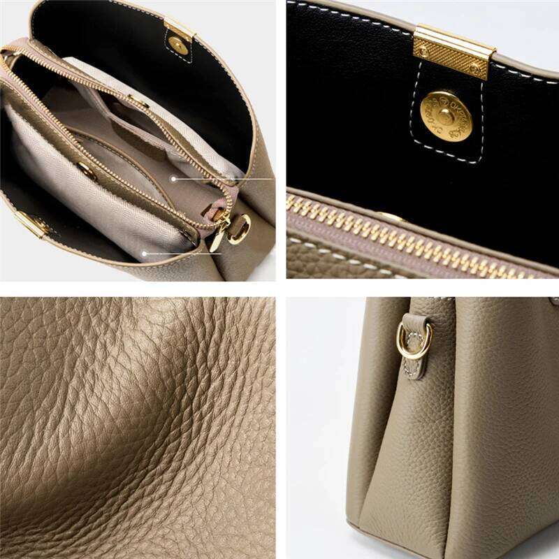 Hifashion Cow Genuine Leather Bucket Shoulder Crossbody Bags For Women Designer Wide Strap Tote Ladies Handbags