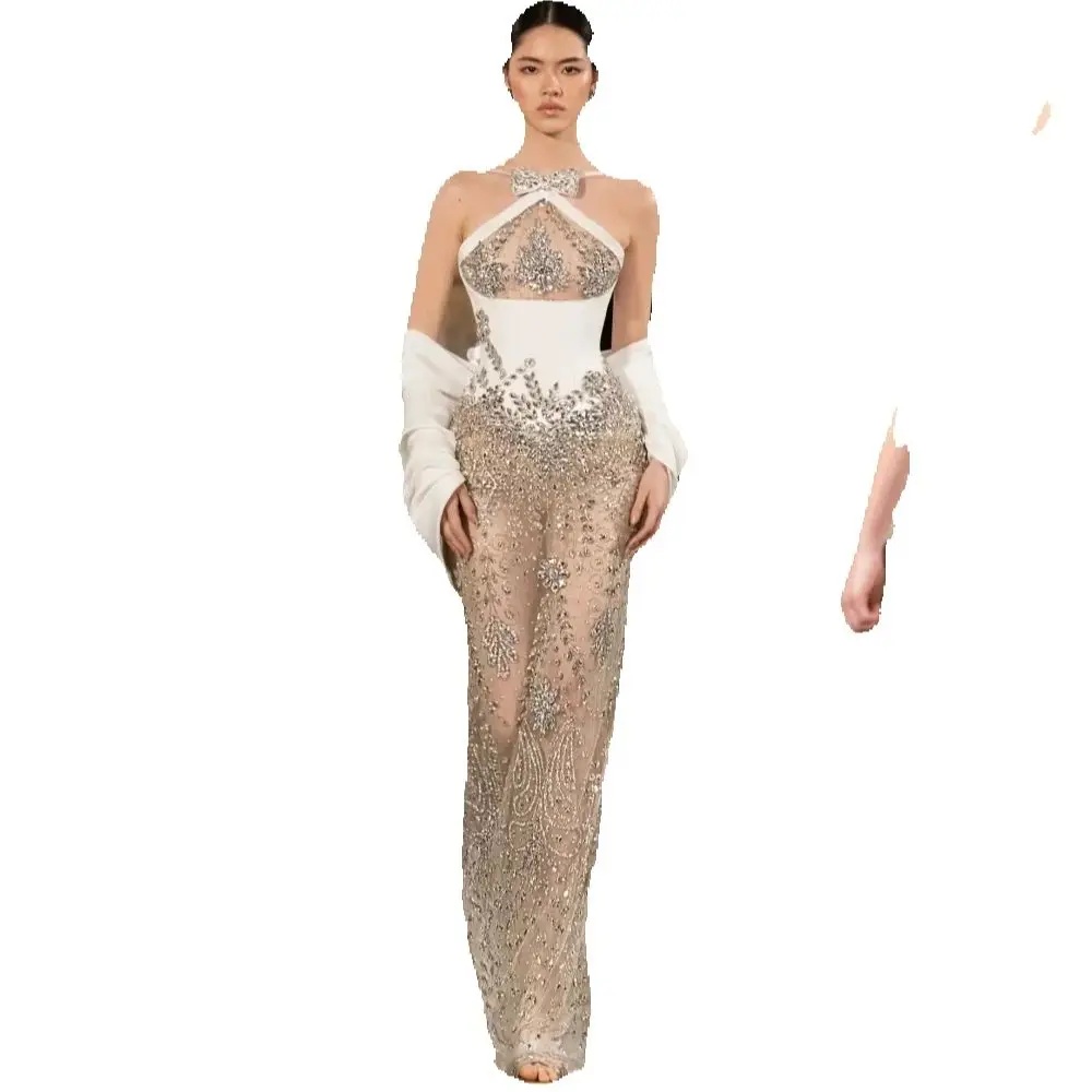 Exquisite Crystal Lace Prom Dresses Sexy Beaded Sleeveless Illusion Evening Dress Customized Floor Length Party Gown