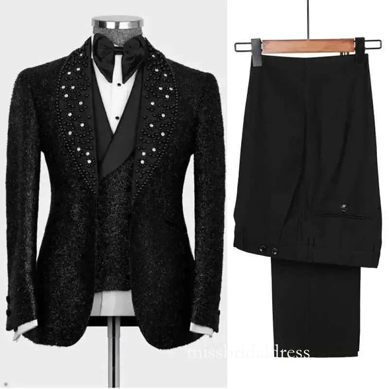 Exquisite Men's 3-Piece Suit: Crystal Embellished Wedding Tuxedos, Shawl Lapel, Customized D0327