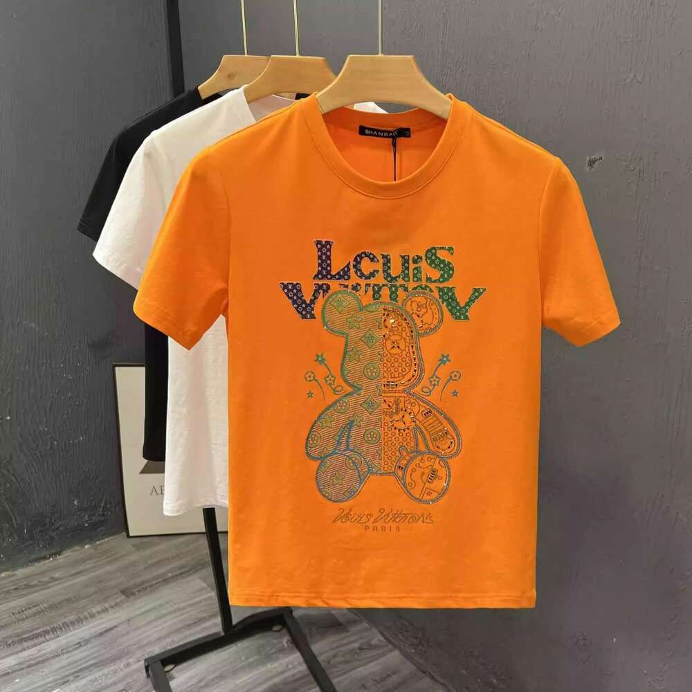 luxury Summer New Style Rhinestone Printed Bear Short T-Shirt Casual Round Neck Tee Shirt Half Sleeve Men's Top