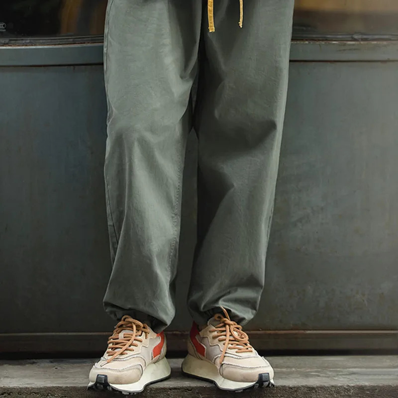 Maden Vintage Khaki Easy Pants Mens Casual Elastic Waist Straight Trousers Skateboarding Jogger Ankle-tied Drawstring Pants 260326