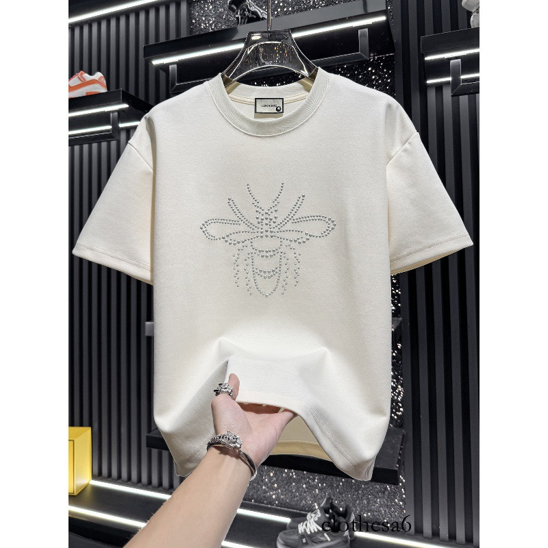 High-quality men's T-shirts 2026 Summer New Fashion Trend Brand Little Bee Rhinestone Short T-Shirt for Men, Round Neck, High-End Light Luxury Ha