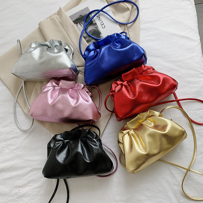 Free Shipping High Value Metallic Drawstring Bag for Women Shiny Evening Clutch Mini Crossbody Purse with 6 Colors