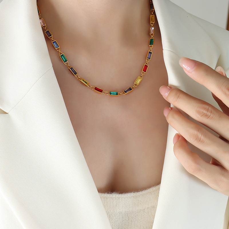 Colorful Rectangle Rhinestone Spliced Necklace Non-fading Bracelet 18k Gold Stainless Steel Multi-color Stones Luxury Designer Simple Unique Jewelry S