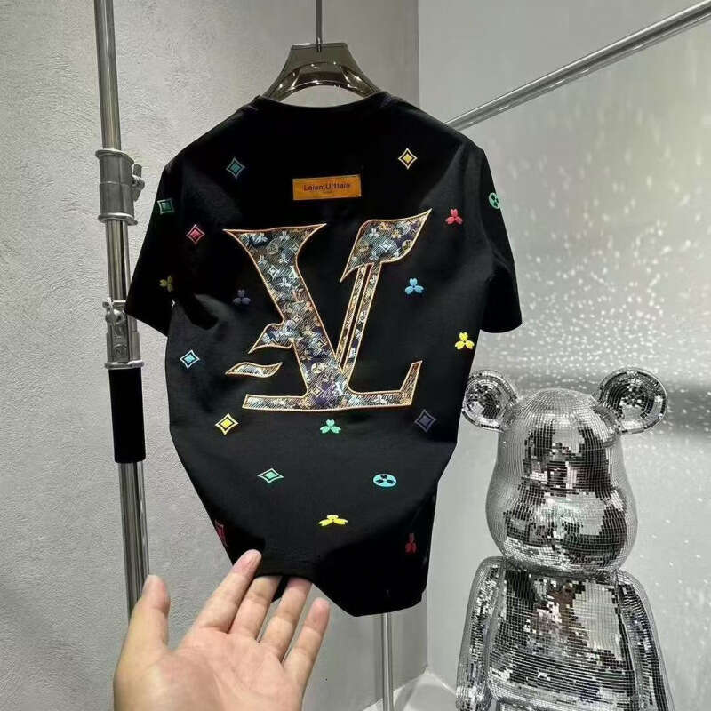 European And American Light Luxury High-End Embroidery Short Men's Trendy Brand Cool Round Neck Regular Shoulder T-Shirt Summer Fashion Casual Ha