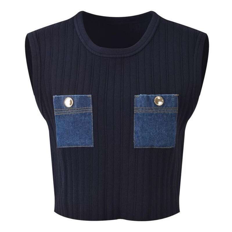 2026 Summer French Designer Women's Elegant Sleeveless S18 Patch Top+High Waist Denim Knitted Short Skirt