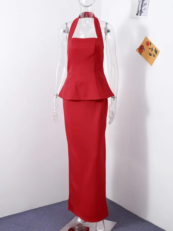 Elegant Halter Top Skirts Set Women Solid Backless Sleeveless Crop Tops Split Long Skirt 2026 Spring Summer Ladies Outfits 260326