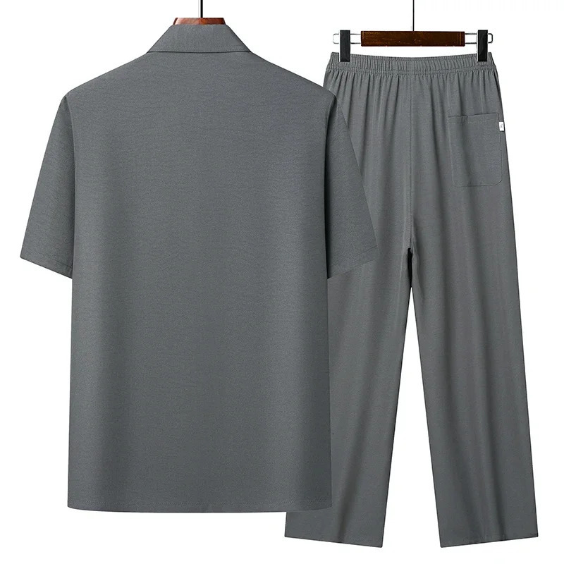 Top Pants Summer Leisure All Match Middle-aged and Old Dad Men Fashion Trend Grandpa Loose Lapel Half-sleeve Shirt Set 260330