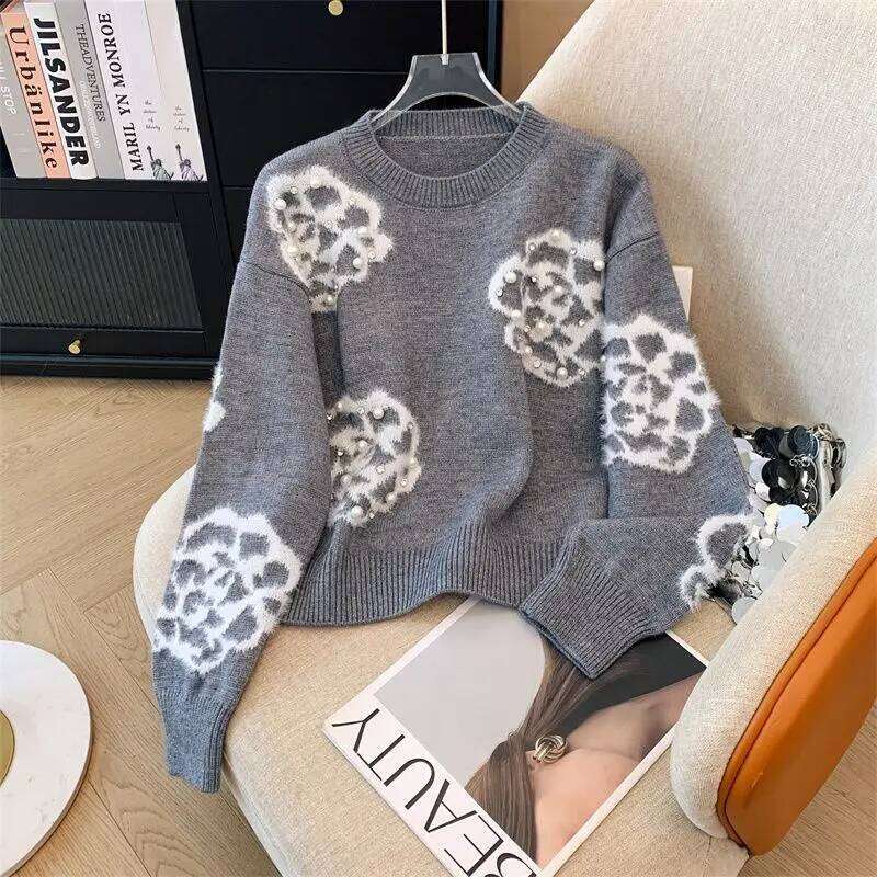 Korejpaa Sweet Flower Embroidery Gray Pullover Sweater Women Autumn Winter Clothes Korean Style Slimming Pull Femme Elegant