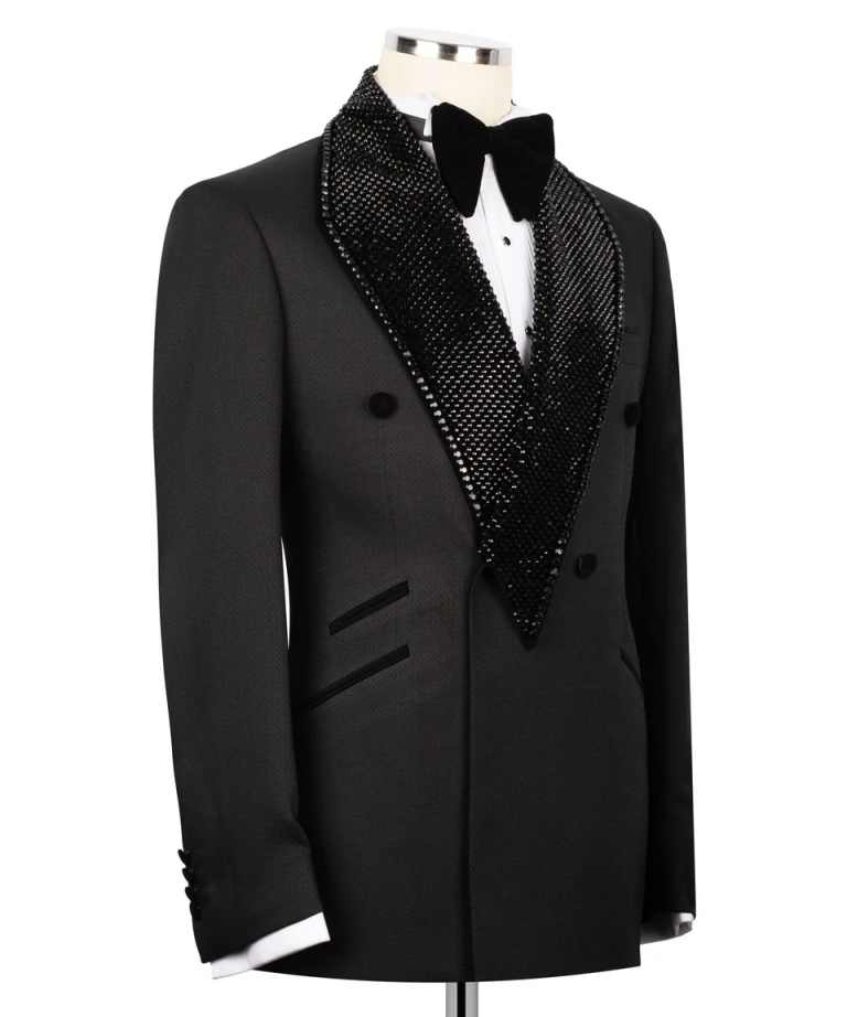 Elegante Men Black Suit 2 Pieces Formal Wedding Slim Fit Tuxedos Shawl Lapel Double Breasted Tailored Made Prom