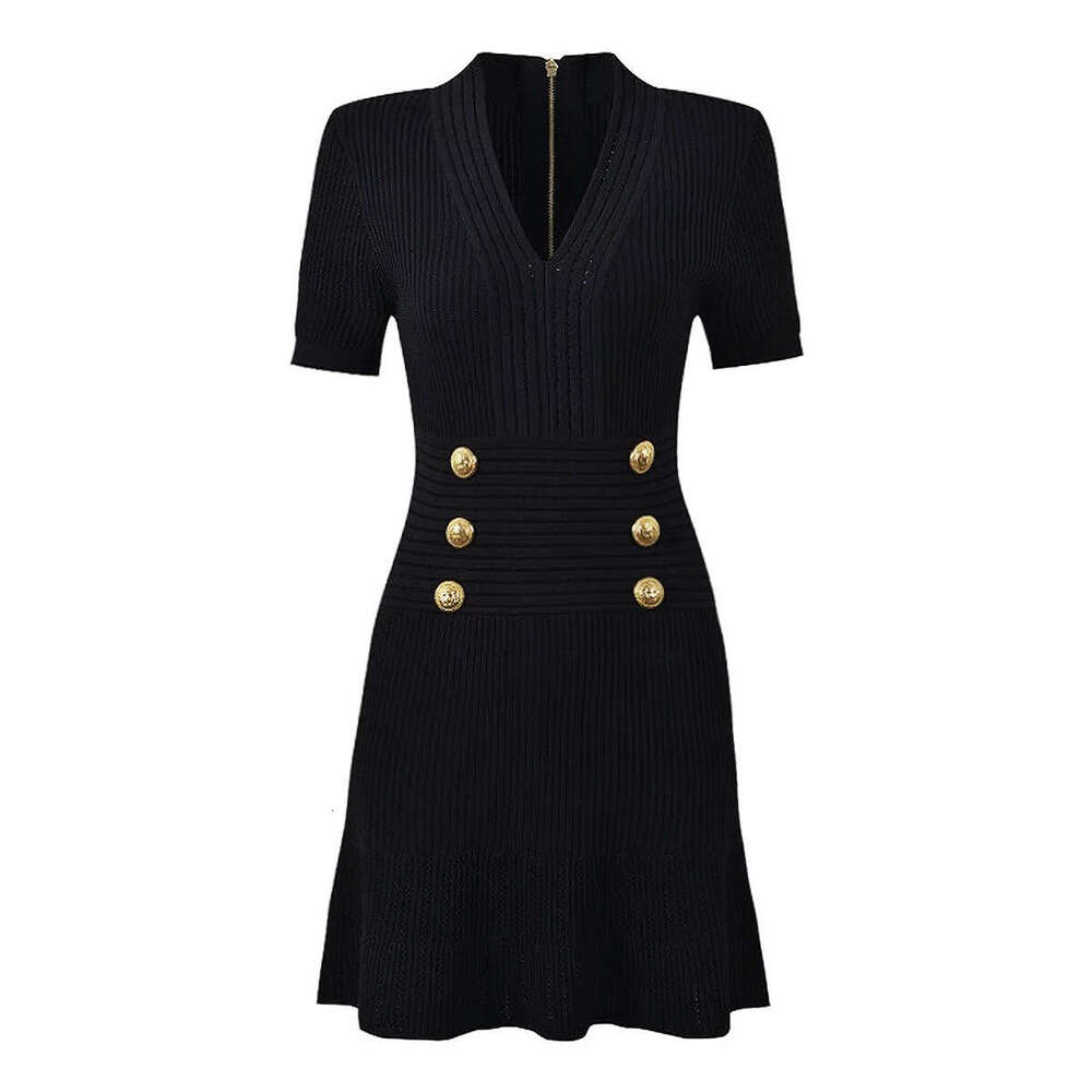 Spring and Autumn New Designer European and American Fashion High Quality A9 Knitted V-neck Slimming Women's Short sleeved Dress