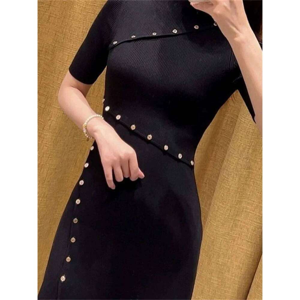 Women Slim A-Line Short Sleeve High Waist Temperament Knitted Mini Dress Mdng260330