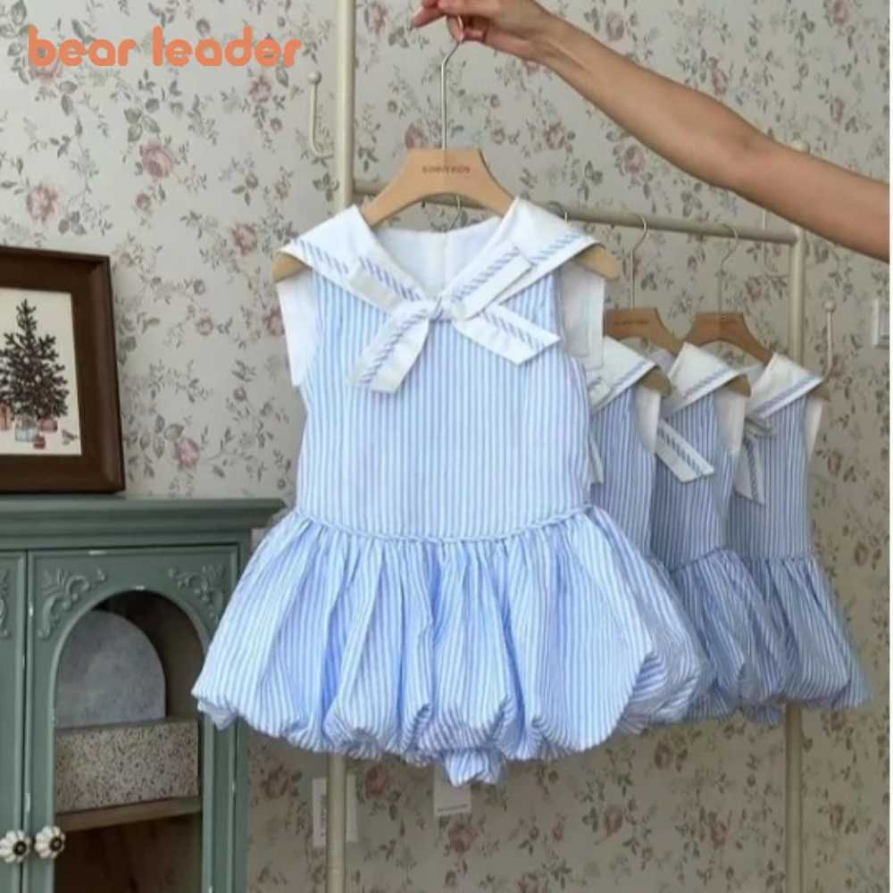 Bear Leader Summer Blue Striped Printed Princess Dress Sleeveless Collar Splicing Girls Dresses Korean Version Kids Casual WearT260330