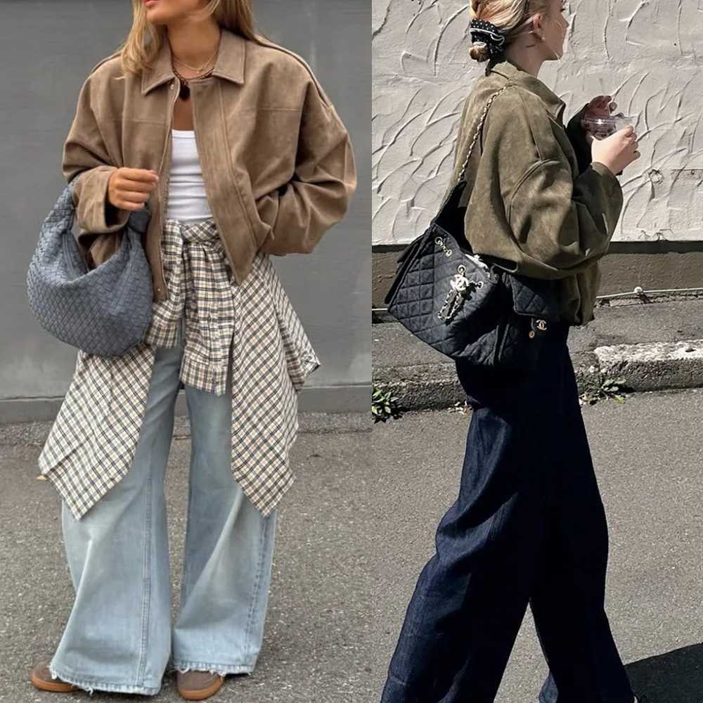 PRINTKAOIR Womens Suede Jacket Outerwear Pilots Style Zipper Closure Medium Thickness Loose Street Style Pure Color Casual CoatT260328