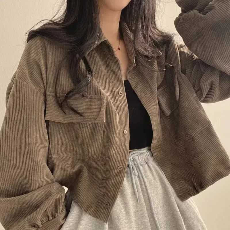 New Fashion Retro Versatile Coat Single Breasted Collar Corduroy Shirt Long Sleeve Womens Top 166T260328