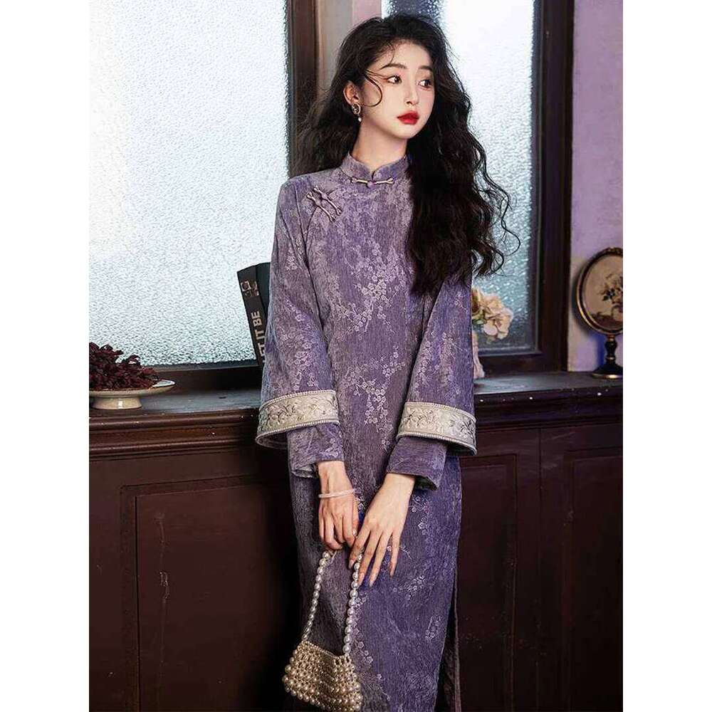 Women Purple Cheongsam Slim Fit Improved Qipao Vintage Chinese Style Autumn Sleeve Plum Floral Long Dresses MAKOUFEI