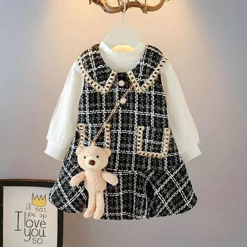 Girls Casual Dresses Plaid Dress Puffy Sleeve Shirt Bear Decoration Kids Dresses for Girls 2 To 6 Years Girls ClothesT260330