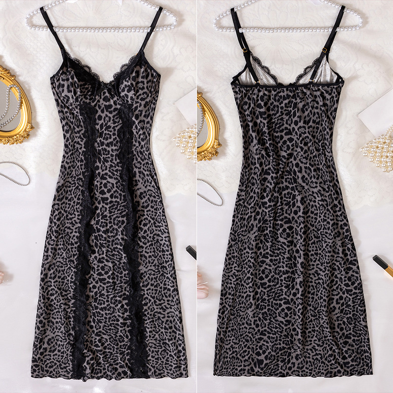 Elegant Women Sexy Leopard Print Sheer Mesh Nightgown Lace Trim Spaghetti Strap High Slit Maxi Dress Sleepwear Lingerie