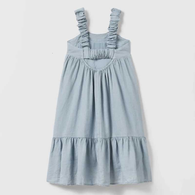 Girls Cotton And Linen Sleeveless Straps Dress Summer New Ruffled Hem Casual Vacation Backless Linen DressesT260330
