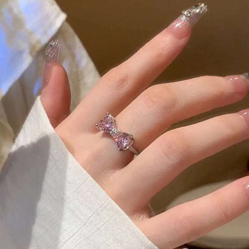 Ring Pink Bow Zircon Women New Niche Design Summer Adjustable Open Ring For Index Finger Visionice