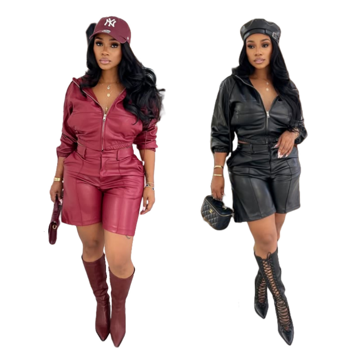 New leather jacket and shorts set MZ88672 with hood long sleeves and knee-length shorts