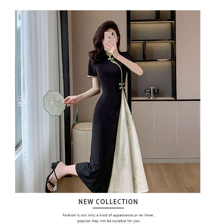 The 2026 Summer New Model: Chinese-Style Zen-Inspired Retro Modified Cheongsam, Faux Two-Piece, Waist-Cinching, Slimming, Long Dress Qipao Hanfu Silk