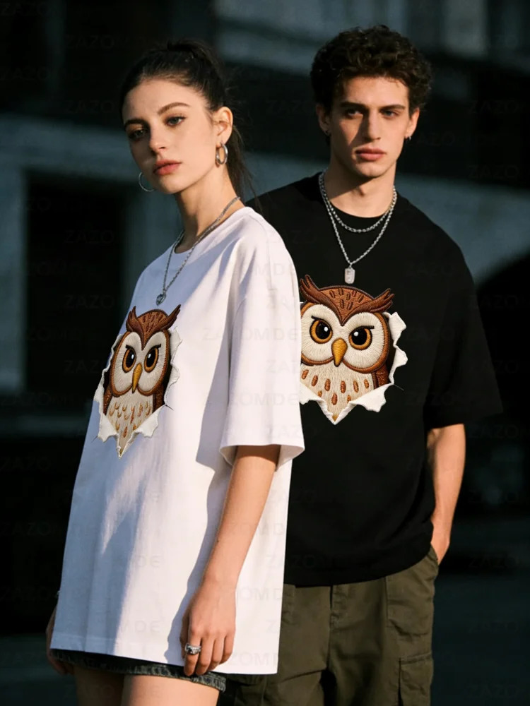 ZAZOMDE Oversized Short Sleeve Cotton Tshirt Owl Graphic Print Men Women High Street Streetwear Loose Fit Casual Daily Wear 260312