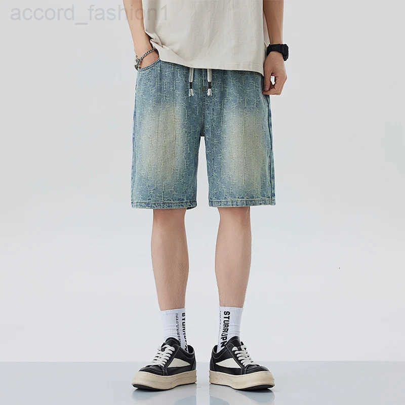 Summer New Mens Oversized Wide Shorts Lightning Cracked Y2k Baggy Jeans Washed Streetwear Fashion Loose Calf-length Denim Pants H260330