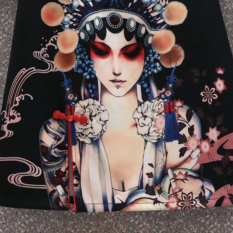 INS M-4Xl NEW 2022 Black Peking Opera Print Fashion Modern Cheongsam Dress Women Short Sleeve Qipao Traditional Chinese Style MAKOUFEI