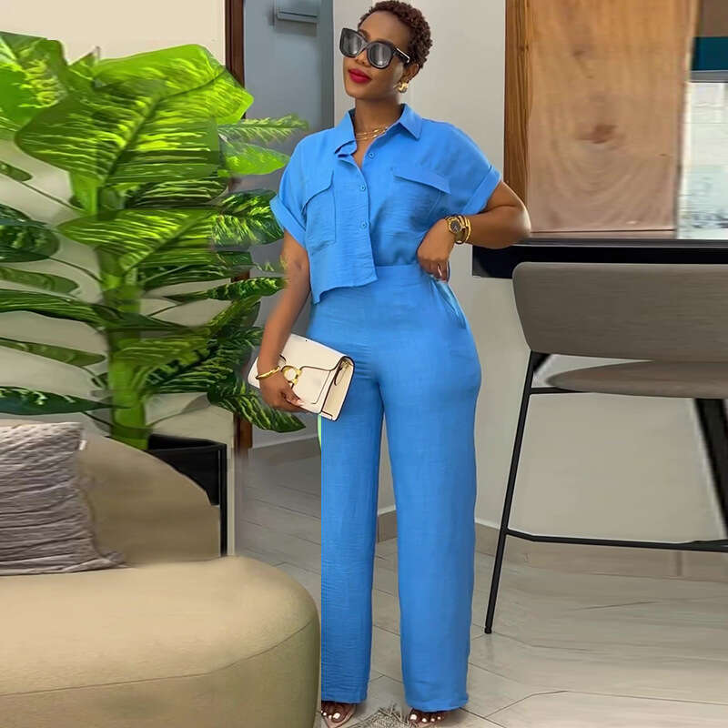 In-stock cross-border European American women's clothing 2026 summer new casual lapel short-sleeve shirt and wide-leg pants fashion set