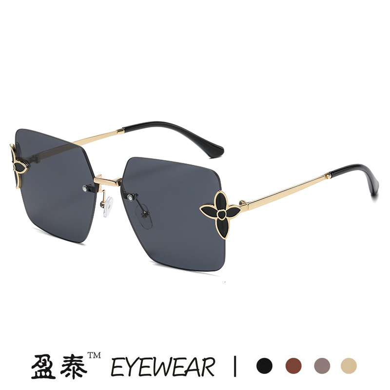 Luxury Brand Designer Sunglasses New Frameless Square Large Frame Sunglasses With Flower And Clover Design, European And American Trendy Fashion Gradi