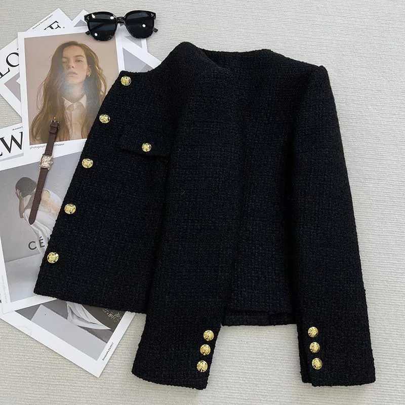 Black Tweed Jackets Womens Korean Fashion Metal Buckle Design Short Coats Woman Autumn Winter Single Breasted O-Neck OuterwearT260328