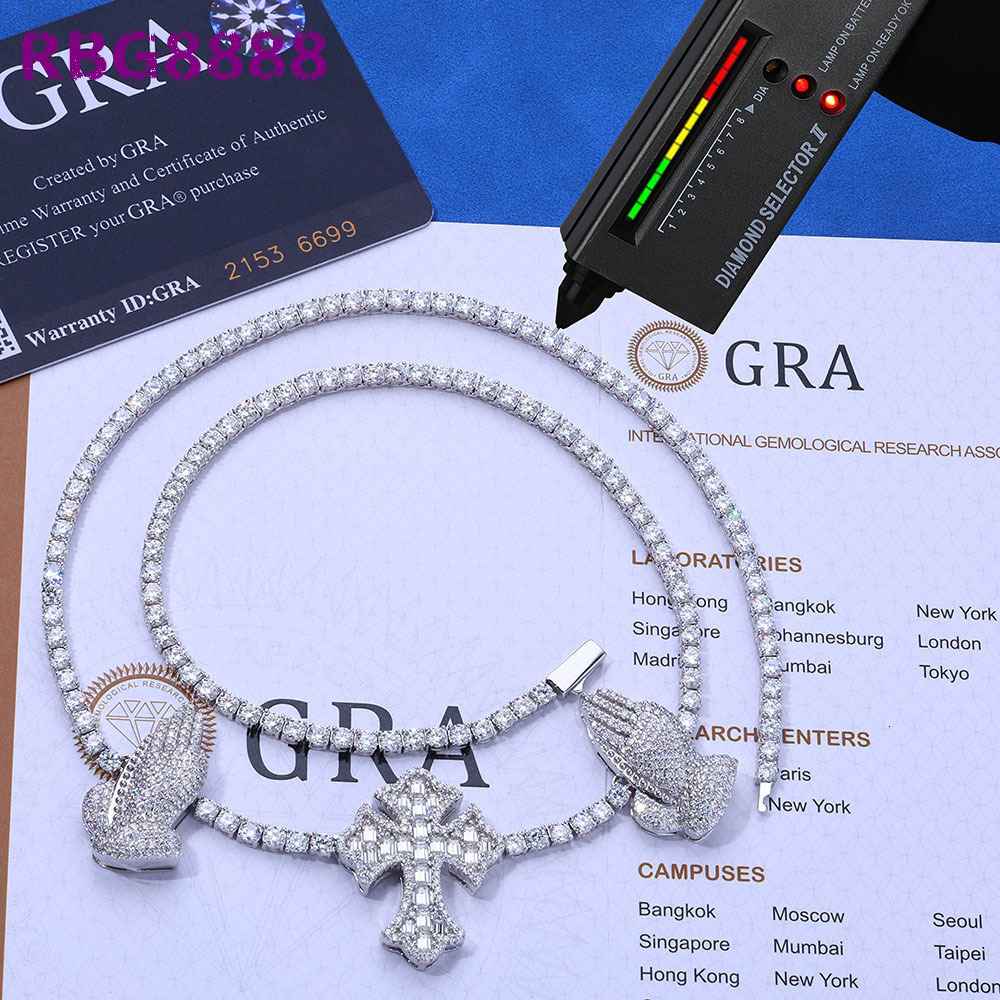 European American Vintage S925 Silver Moissanite Cross Praying Hands Tennis Chain Custom Hip Hop Mens Necklace