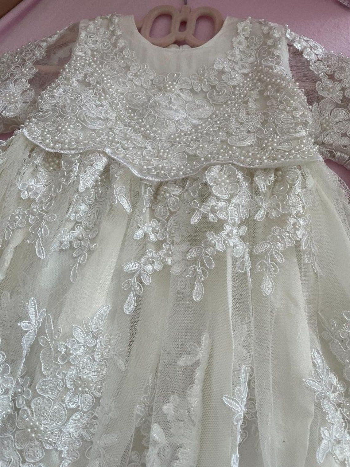 Vintage Pearls Christening Dresses Baby Sleeve Appliques Infant Toddler First Communion Gown White A Line O Neck Long Baptism Dress for Newborn ZD10