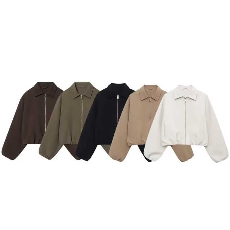 Womens Simple Jacket with Zipper Casual Turn-down Collar Solid Long Sleeve Gathered Hem Pocket Women Coat Female Chic TopsT260328