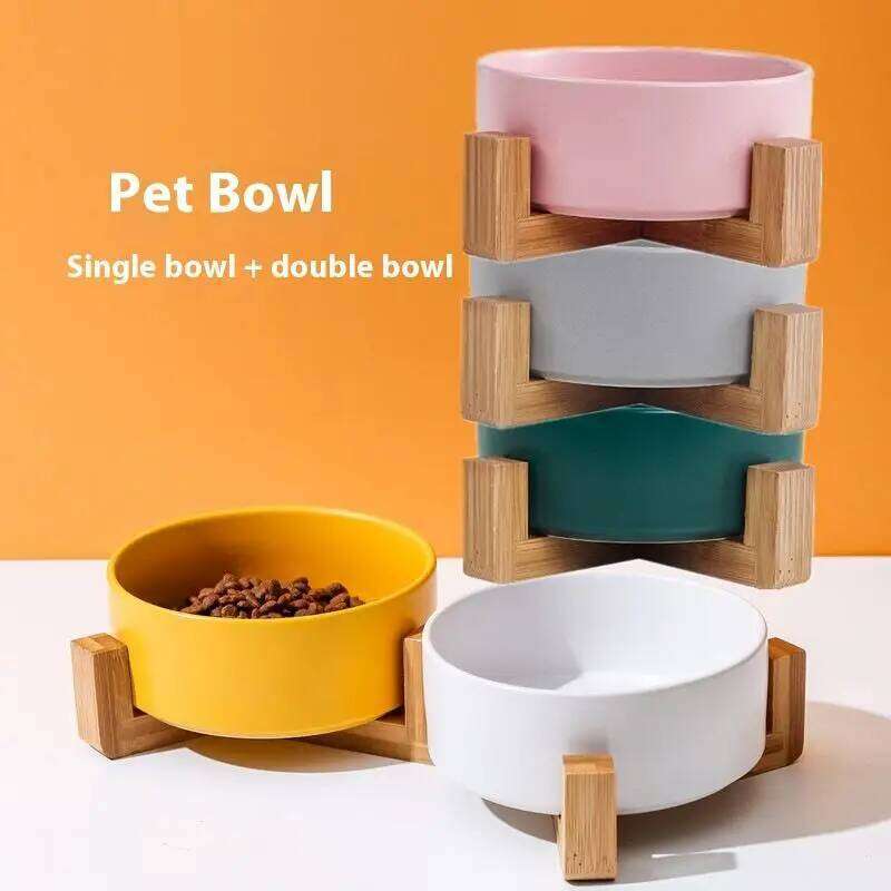 FGG Ceramic Dog Food Cat Drinking Water Double Protection Cervical Spine Black Pet Bowl 26W0330