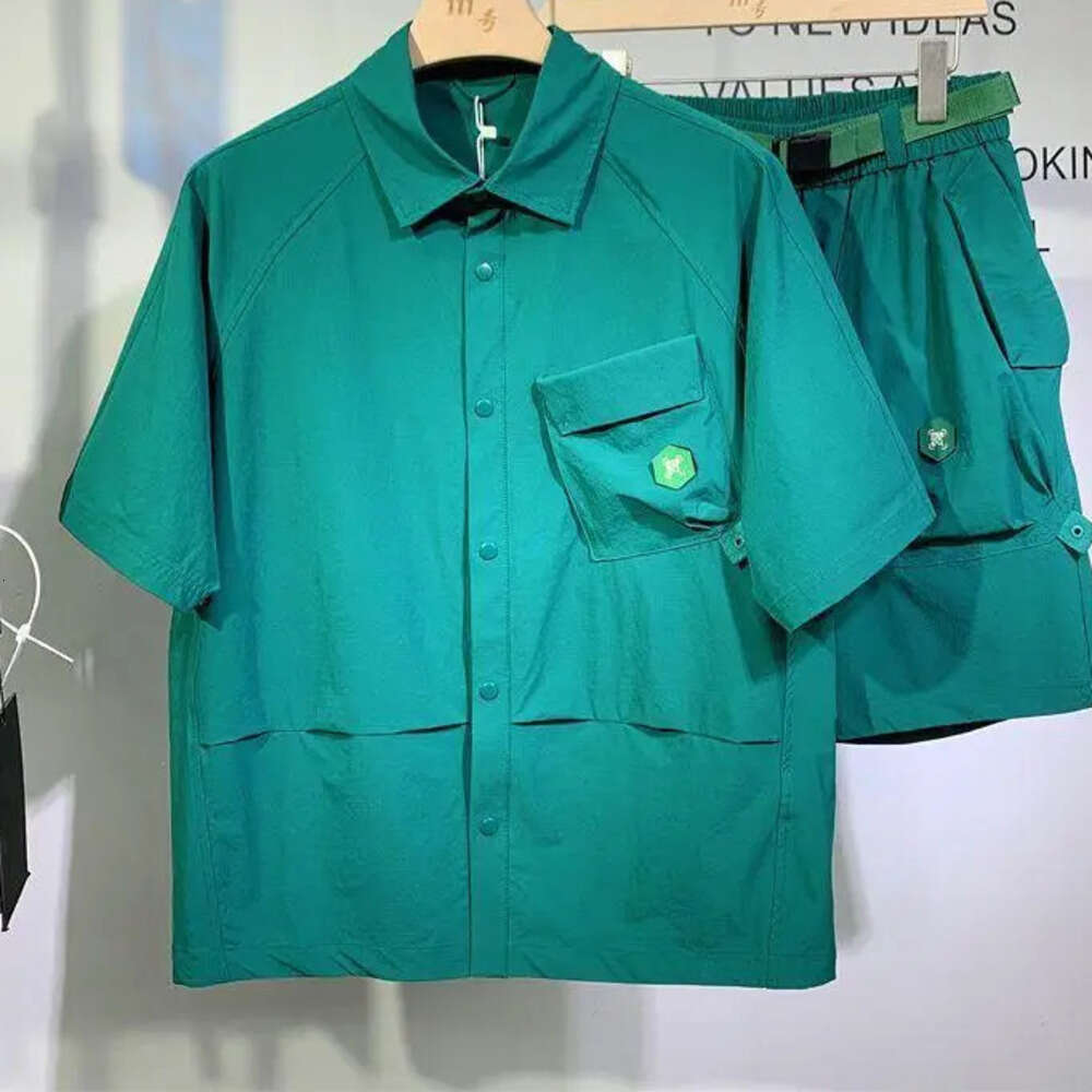 Summer American Vintage Loose Workwear Casual Set Men Fashion Shirt Shorts Two-Piece