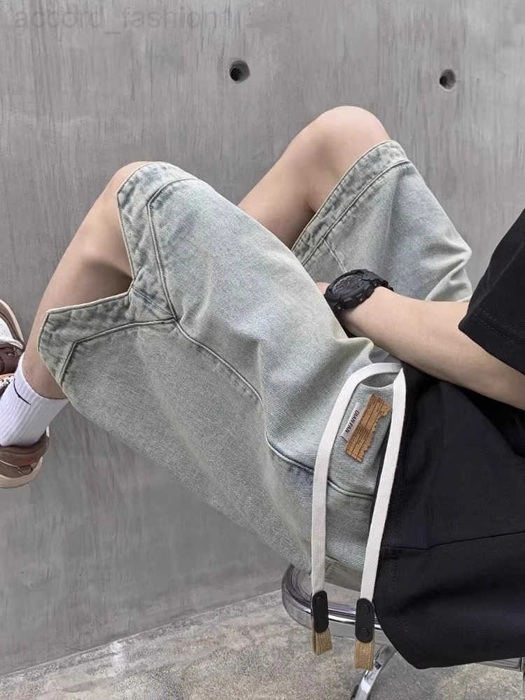 Fashion Streetwear Mens Denim Shorts Summer Loose Vintage Harajuku Splicing Hip-hop Cargo Drawstring Short Jeans Black A209 H260330
