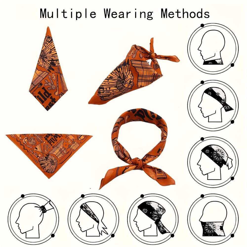 Set Of 2 Men's Bandanas Featuring A Cowboy Skull Design Lightweight Square Scarves Ideal Outdoor Motorcycle Riding Halloween. These Orange Liuyue