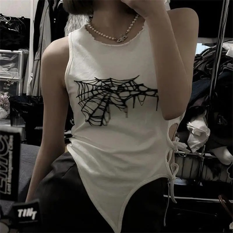Summer Spider Web Print Tank Tops Aesthetic Hollow Out Bandage Punk Vest Irregular Women Causal Basic Y2k Streetwear Crop Top 260327