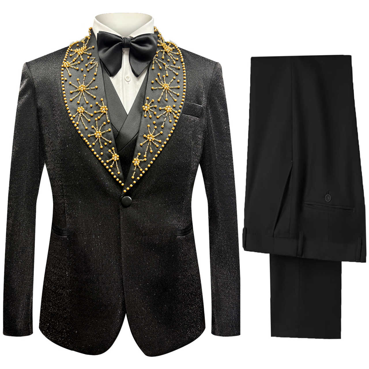 Gold Pearls Black Glitter Groom Wedding Tuxedo Tailored Made 3pcs Blazer Vest Pants Formal Male Prom Party Suit Business