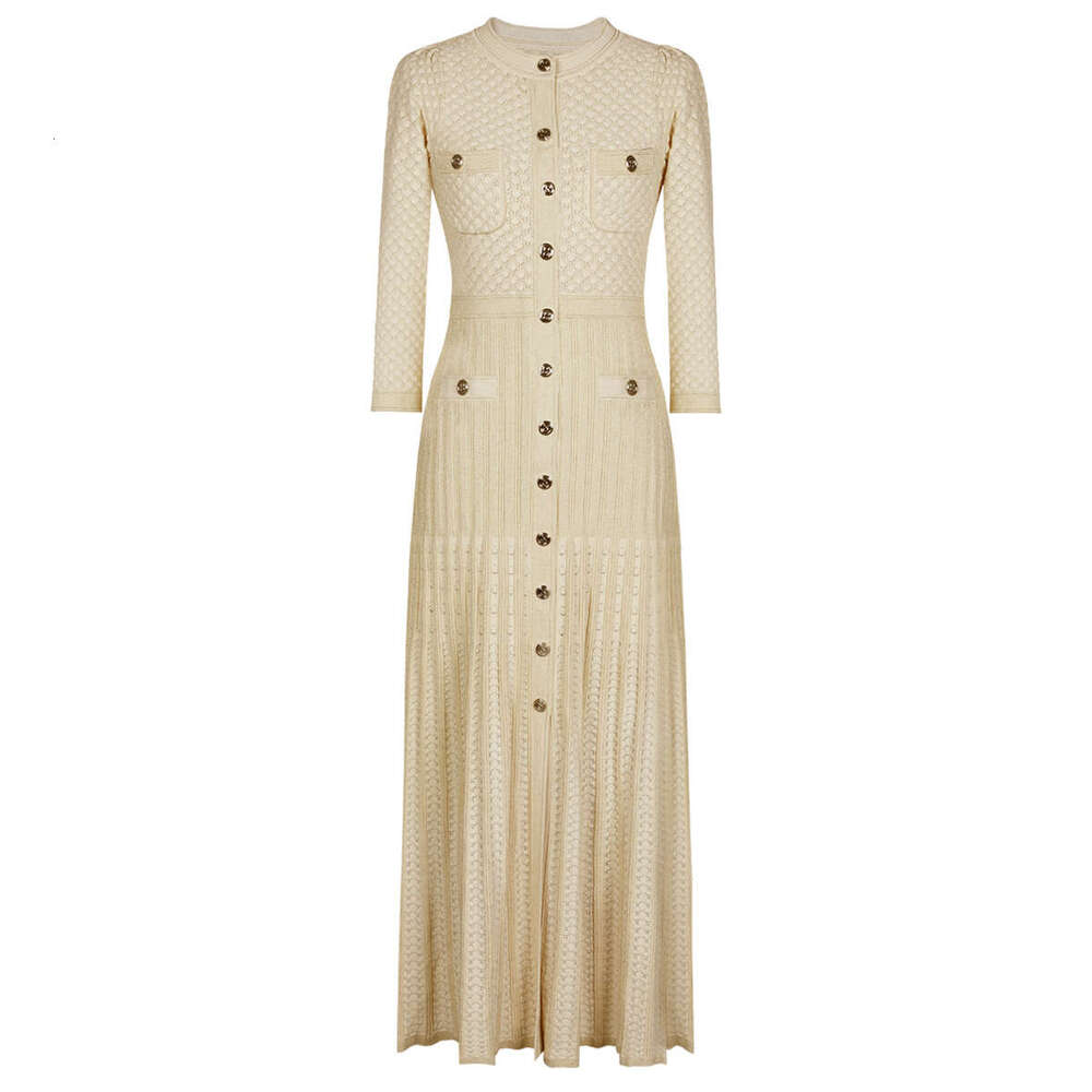 Designer's high-quality European and A9 American round neck long dress for spring and autumn, new knitted slim fit quarter sleeve dress