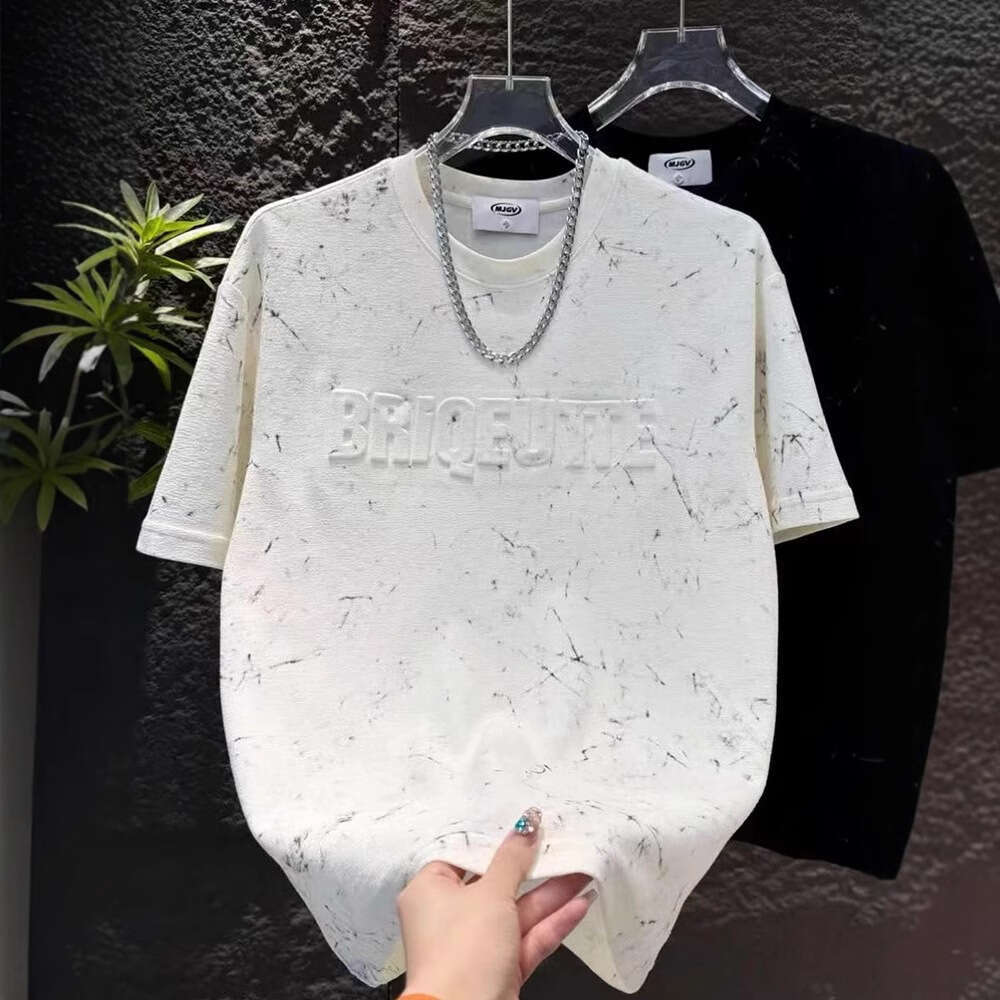 Summer New Trendy Letter Print Short 3D Embossed Tie-Dye Half Sleeve Men's Fashionable T-Shirt