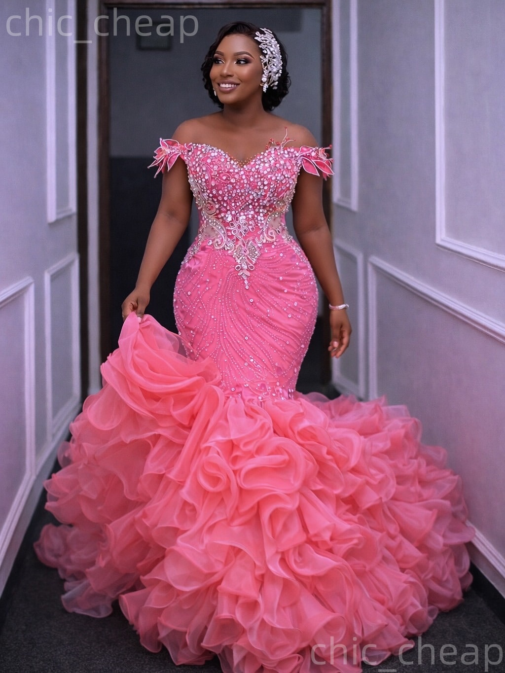 2k26 Pink Prom Dress 2026 Mermaid Sweetheart Beaded Florals Tiers Organza Evening Dress Sequined Birthday Formal Women Pageant Dinner Party Gowns Dres
