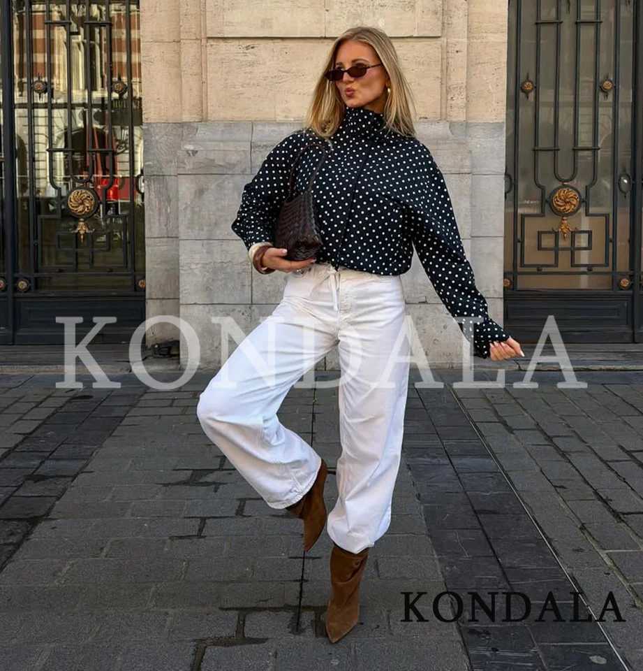 KONDALA Casual Polka Dot Jacket Womens Dark Navy Blue Stand Collar Jacket New 2026 Spring Summer Trendy High Street Lady JacketT260328