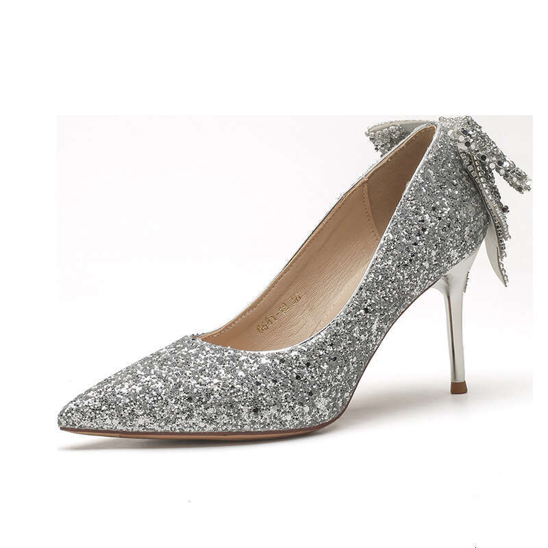 Women French Crystal Bow High Heels Elegant Socialite Party Xiuhe Sequin Bride Bridesmaid Shoes