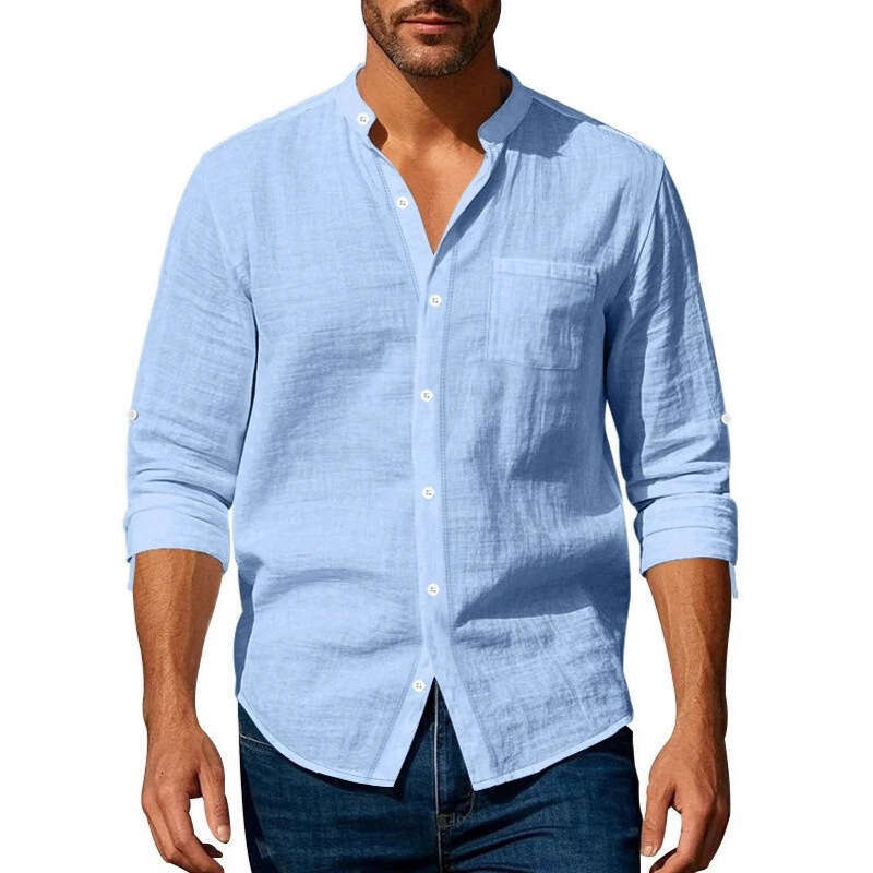 Amazon cross-border spring and autumn long-sleeve stand-collar breathable casual men's new Chinese-style pocket shirt